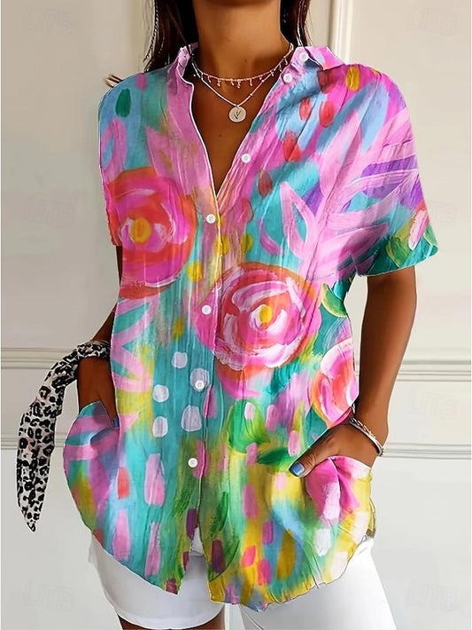 Women's Shirt Long Sleeve Button Down Blouse Floral Graphic