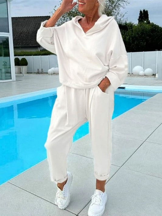 Women's Loungewear Set Hoodie Joggers Cream Solid Color