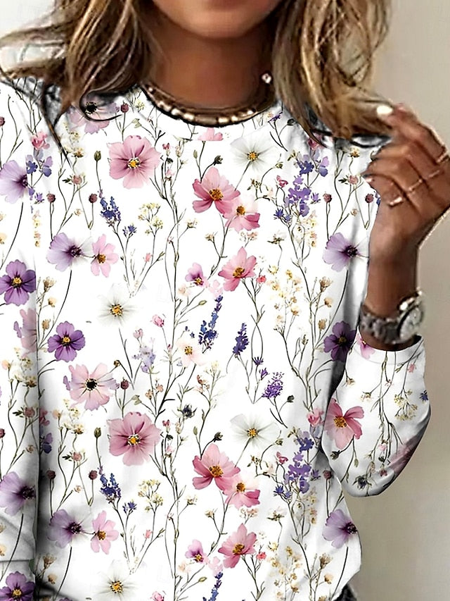 Women's T shirt Crew Neck Long Sleeve Tunic Floral Elegant