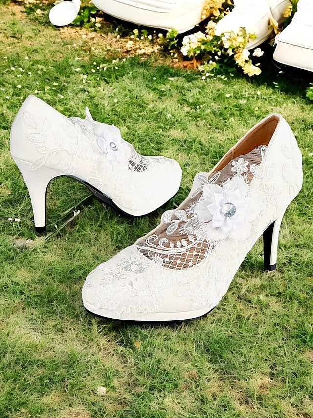 Floral – Bridal High Lace Heel Shoes Embellishments White with