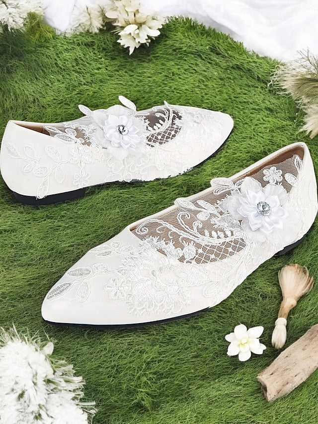and Wedding Lace Floral White Design Appliqué Shoes with Mesh