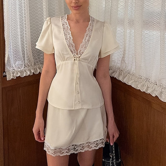 Women's Two Piece Sets Skirt Sets Short Sleeve V Neck Plain