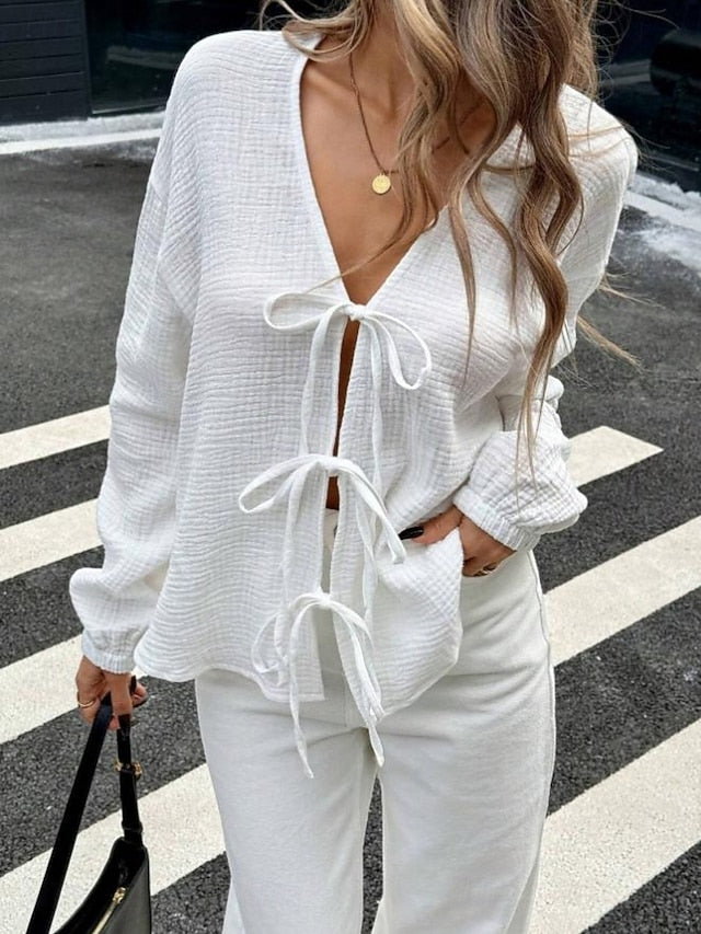 Women's Shirt Blouse Long Sleeve Tops Tie Front Solid Color
