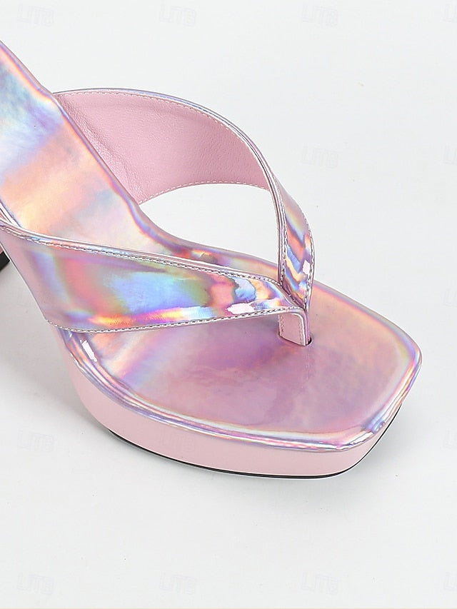 Block Open-Toe Heels Iridescent Women's Pink with Chunky