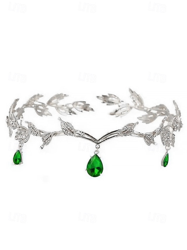 – Headpiece Leaf Blue Drops with Vintage Gold Gemstone