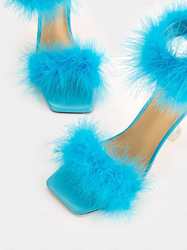 Clear Heel High Feather-Embellished Sandals with Turquoise
