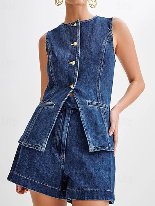 Women's Blouse Shorts Sets Sleeveless Crew Neck Solid Color