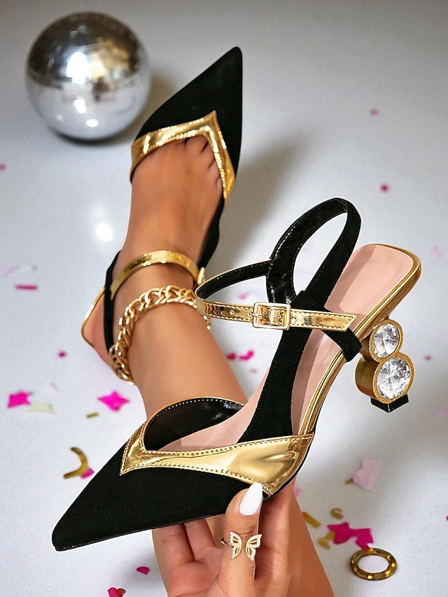 Pumps and Pointed Women's Mid Toe Gold Black Slingback -