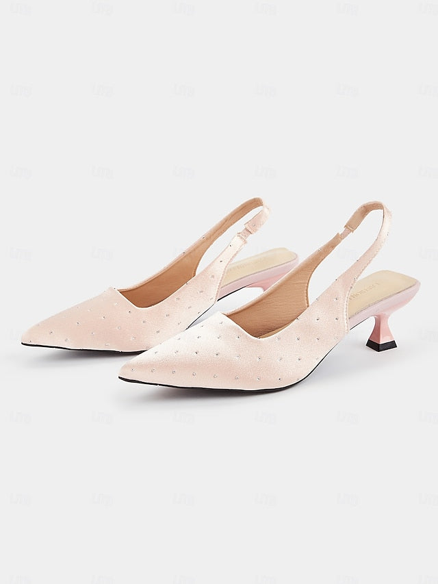 Slingback Studs Kitten Rhinestone Satin Heels Women's with