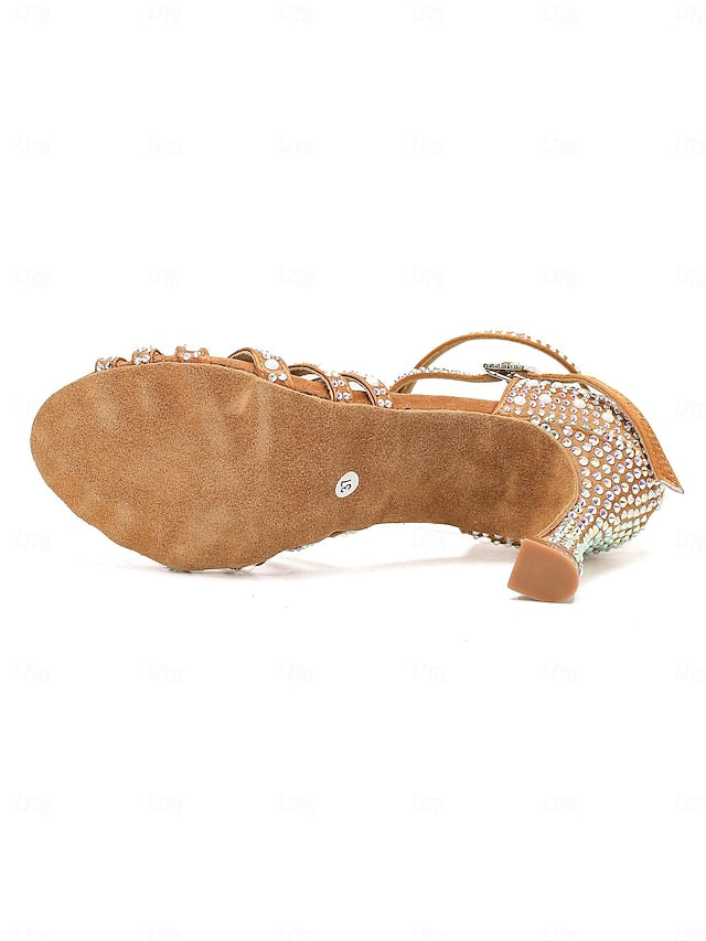Tan Latin with Rhinestone-Embellished Sandals High Heel Dance