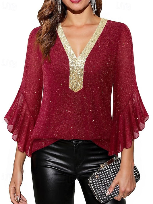 Women's Blouse Sequin Tops Patchwork Color Block Stylish