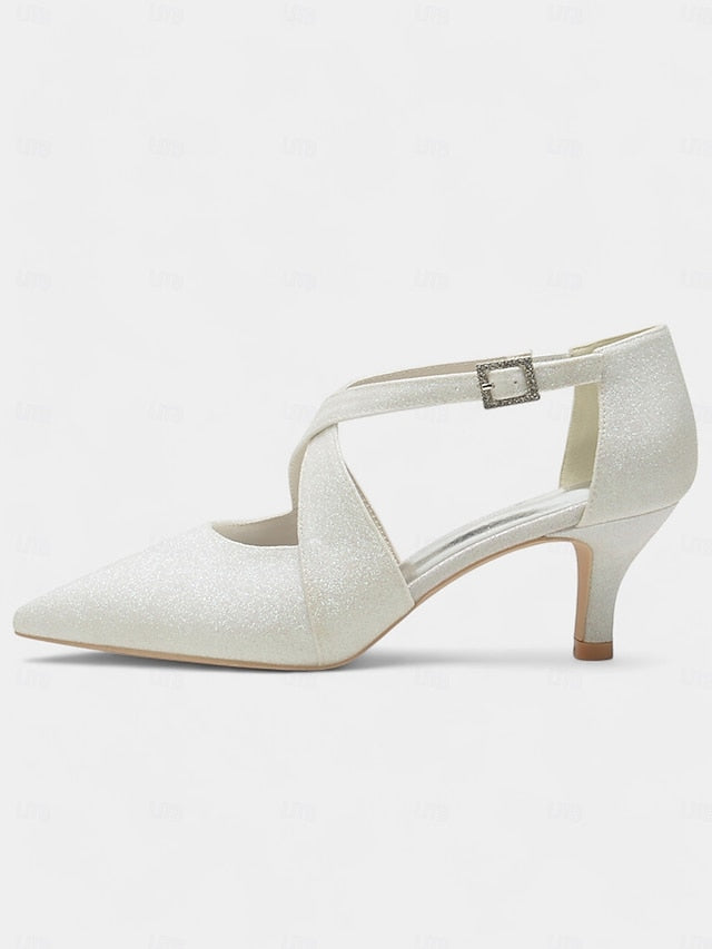 Glitter Heels Rhinestone Buckle Cross White Kitten Strap with