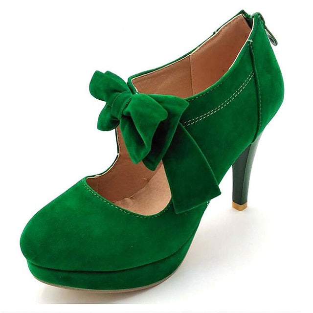 Platform Bow Pumps Heel – Suede High Vintage Red Women's