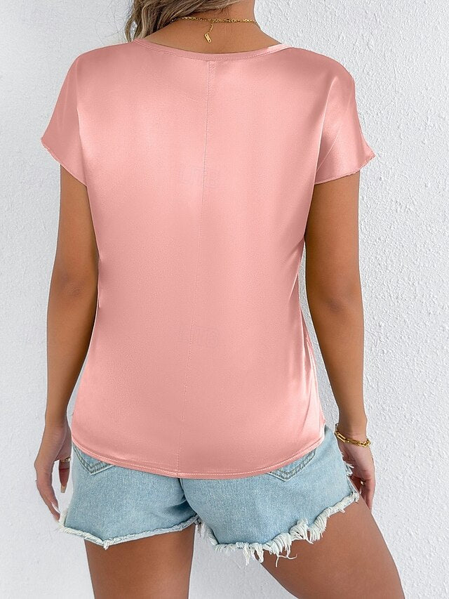 Women's Satin T Shirt Solid Color Elegant Stylish Short