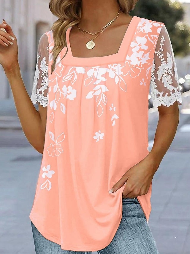 Women's T Shirt Mesh Patchwork Top Lace T-shirt Lace Print