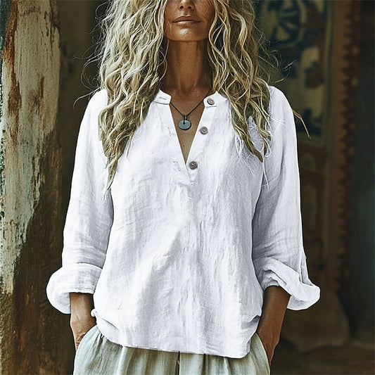 Women's Shirt Cotton Linen Shirt Henley Shirt Faux Cotton