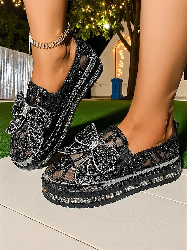 Shoes Women's Black Rhinestone Bow Slip-On Lace with