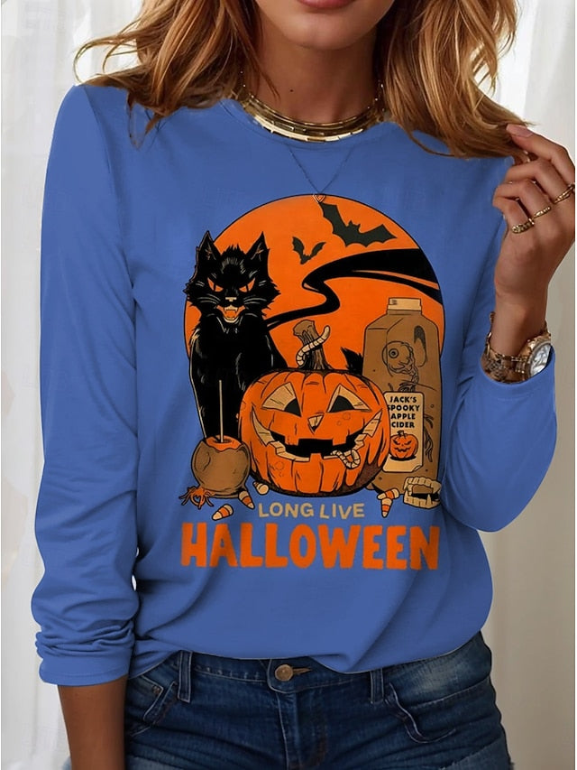 Women's T shirt Black Cat Graphic Cat Pumpkin Vintage