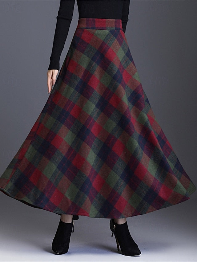 Women's Elegant Retro Vintage Maxi High Waist Skirts Plaid