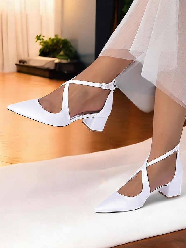 - Pointed Toe Women's Satin Elegant Ivory Block Heels