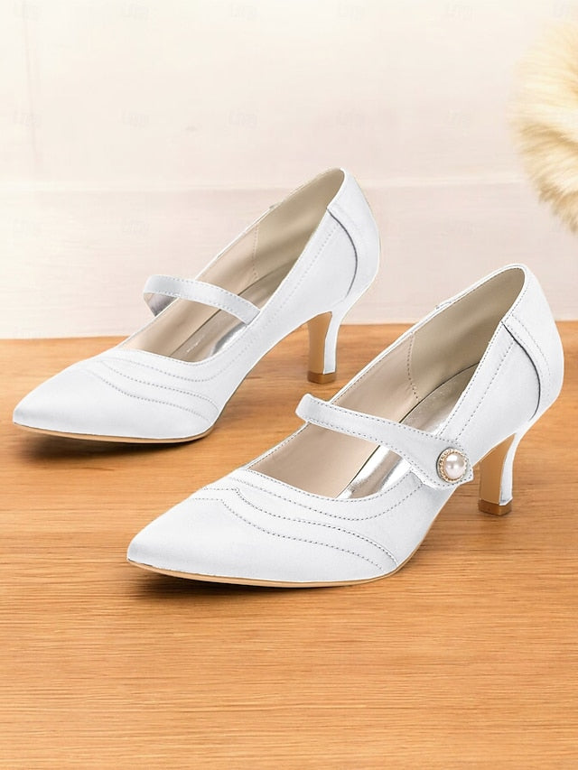 Elegant with Pearl - Button Mary Heels Jane Green Satin