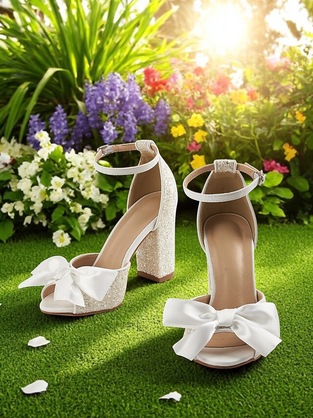 Sandals Heel Women's Glitter Ankle with Wedding Block White