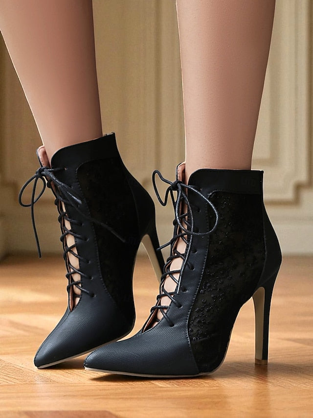 Women's White Stiletto Lace Heels Ankle Booties Mesh with