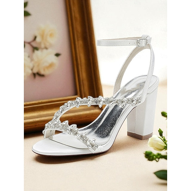 Heel Block White with Women's - Sandals Rhinestone Straps