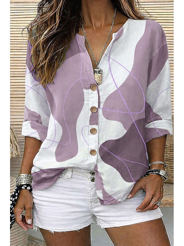 Women's Shirt Tunic Summer Tops Buttons Graphic Geometric