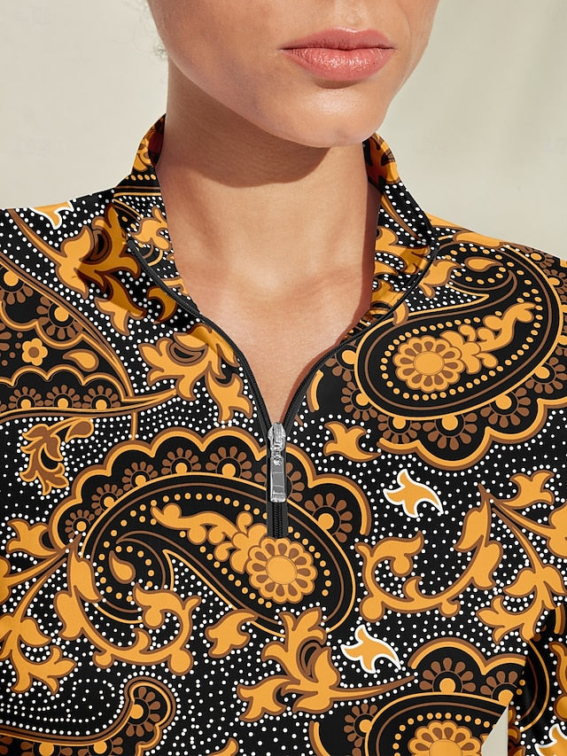 Women's Golf Polo Shirt Golden Long Sleeve Top Ladies Golf