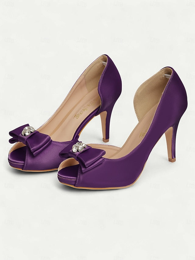 Toe Heels Satin Champagne Women's Peep and with Bow
