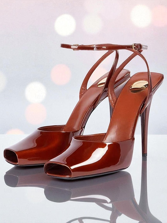 Heels Green - Dark Peep Patent High Toe Leather Women's