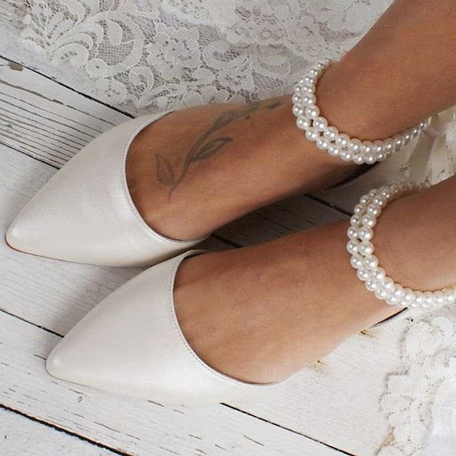 Elegant – Flats Bridal Ankle Women's Pearl Strap White