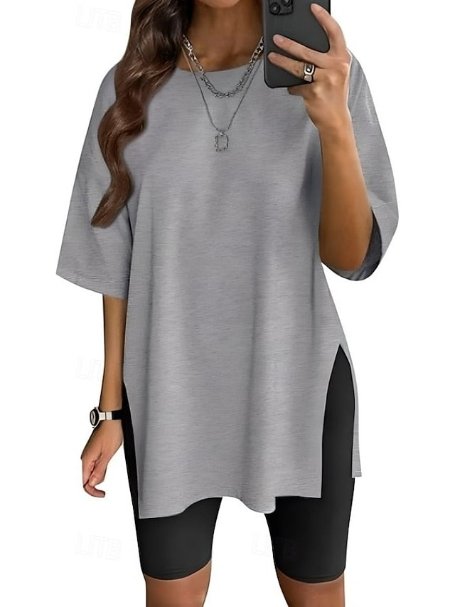 Women's T Shirt Side Split Solid Color Graphic Fashion