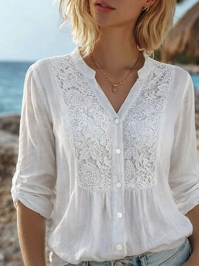 Women's Lace Splicing Top Blouse Lace Buttons Solid Color