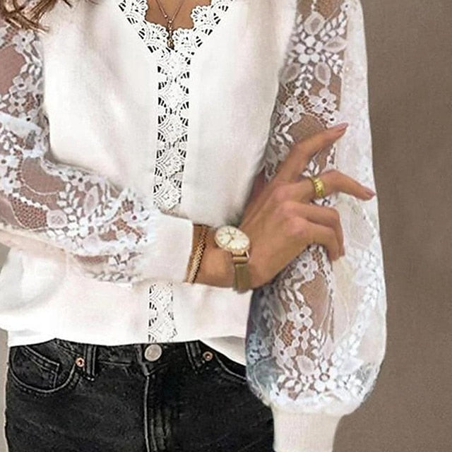 Shirt Lace Shirt Blouse Mesh Patchwork Top Women's White