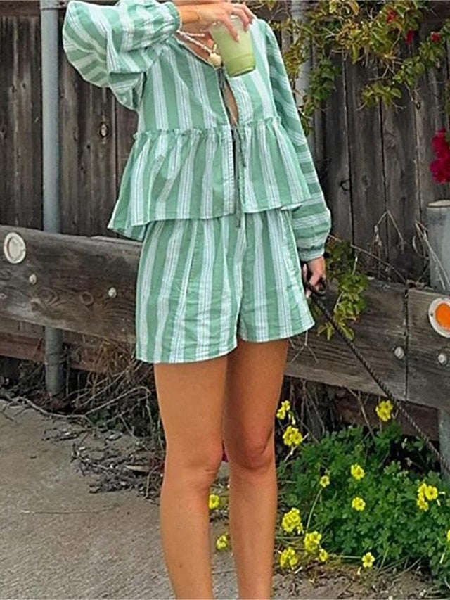 Women's Cotton Linen Shirts Blouse Shorts Sets Long Sleeve