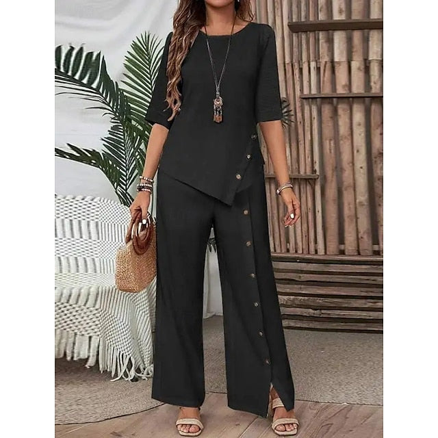 Women's Pants Sets Half Sleeve Round Neck Solid Color