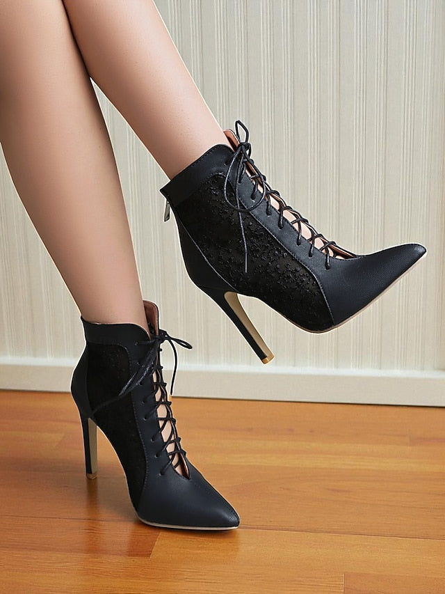 Women's White Stiletto Lace Heels Ankle Booties Mesh with