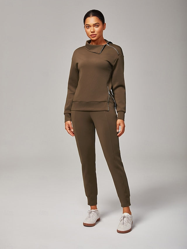 Women's Brown Stretch Knit Zip Slit High Neck Top Tracksuit