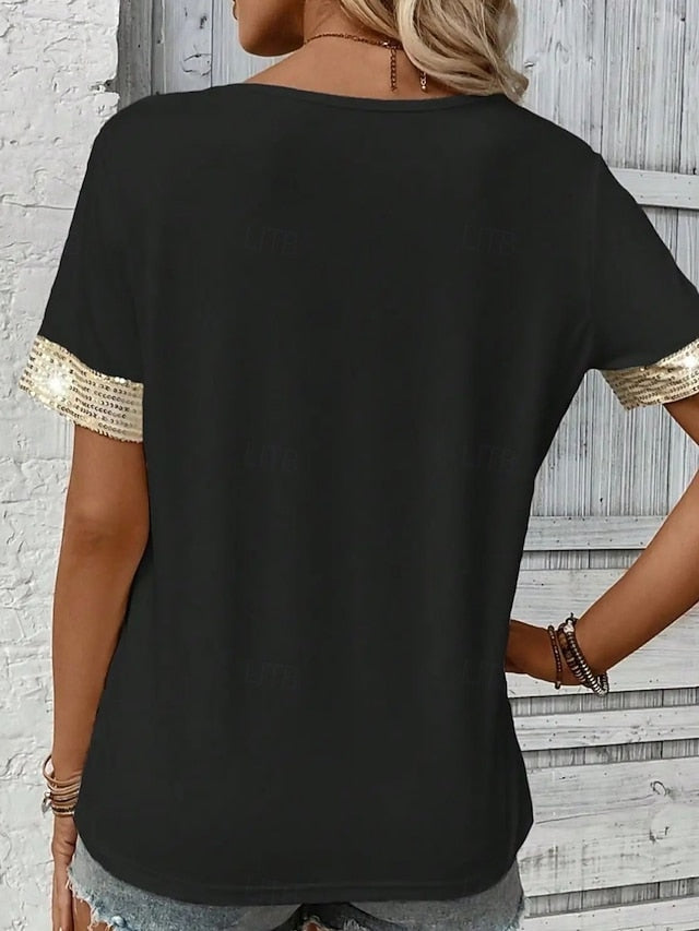 Women's Blouse Sequins Patchwork Pocket Solid Color Basic