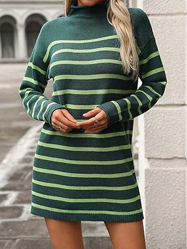 Women's Sweater Dress Casual Striped Mock Neck Print Long