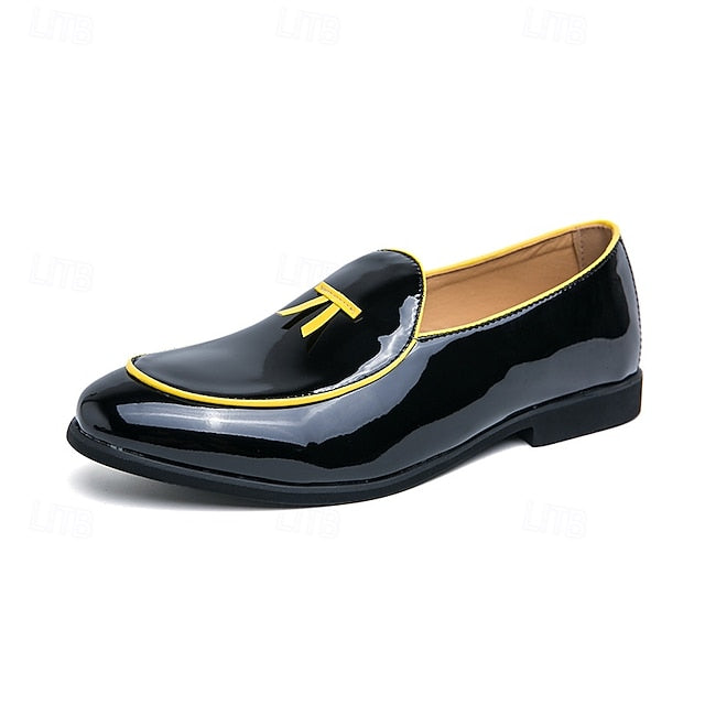 Yellow Loafers Black Leather with Faux Trim Men's Patent