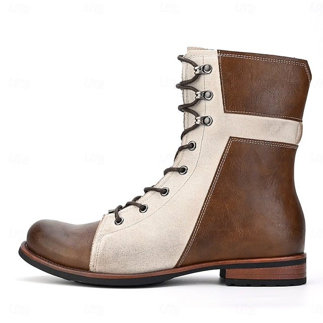 Mid-Calf Two-Tone Lace-Up Leather Faux Men's Vintage Boots
