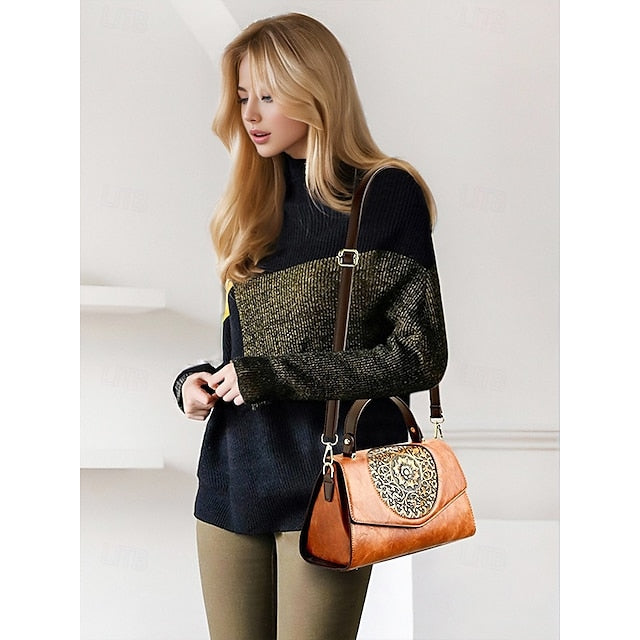 Handbag Leather Floral Engraved – Vintage Women's Faux