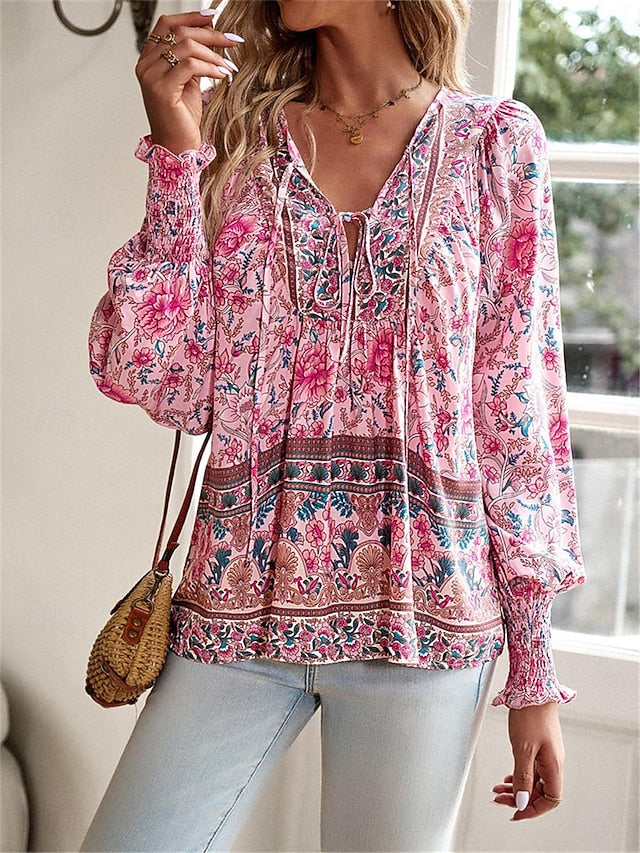 Women's Shirt Blouse Casual Boho Floral Lace up Print Long