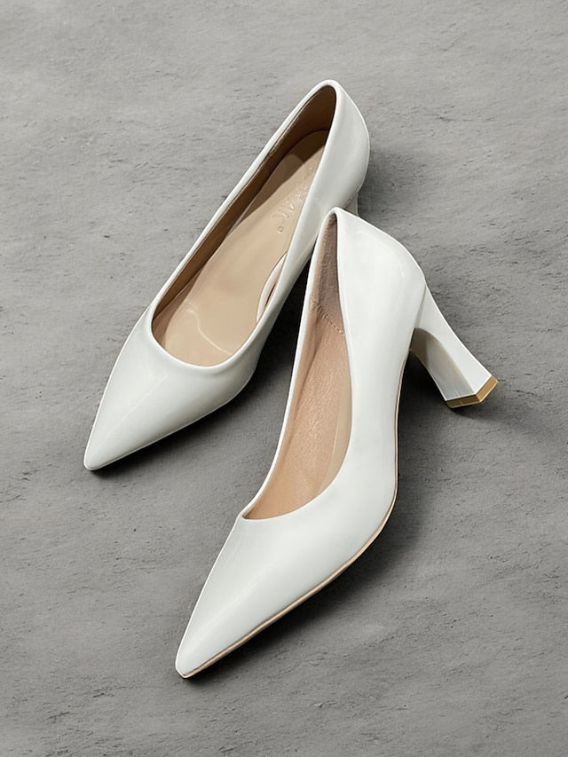 Pointed-Toe Heel Block Leather Patent Pumps Green Faux Glossy