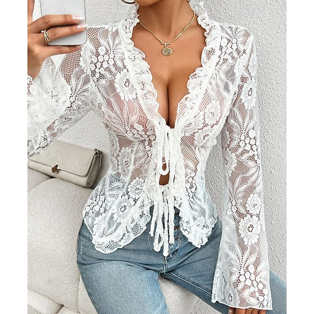 Women's Lace Solid Color Plain Stylish Long Sleeve Causal