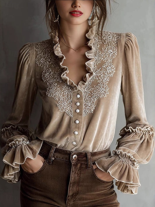 Women's Shirt Velvet Casual Shirt Ruffle Shirt Embroidered