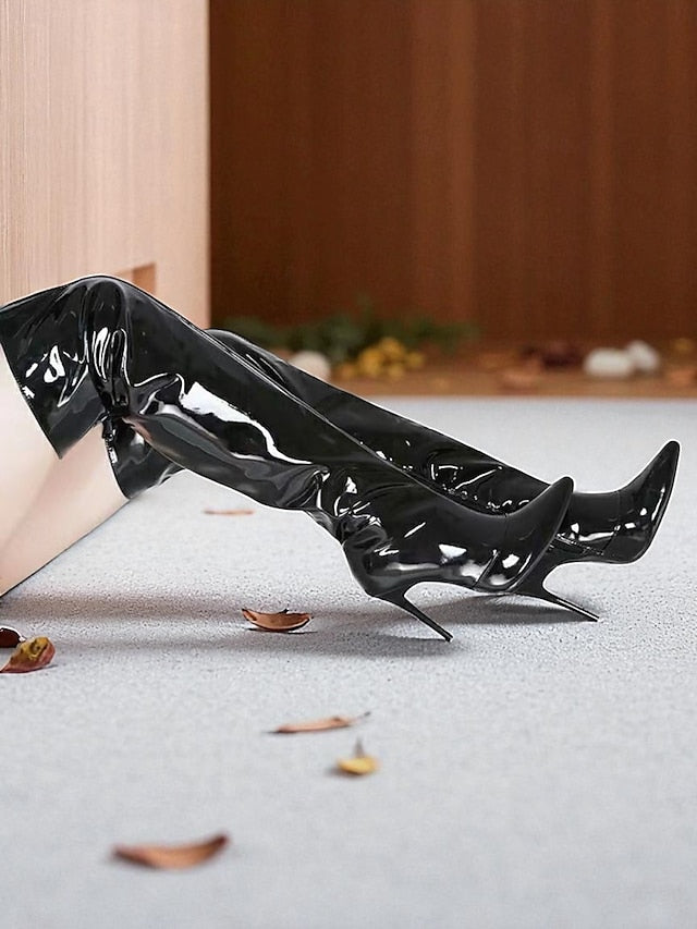 Over-the-Knee Black Pointed Women's Patent Toe Leather
